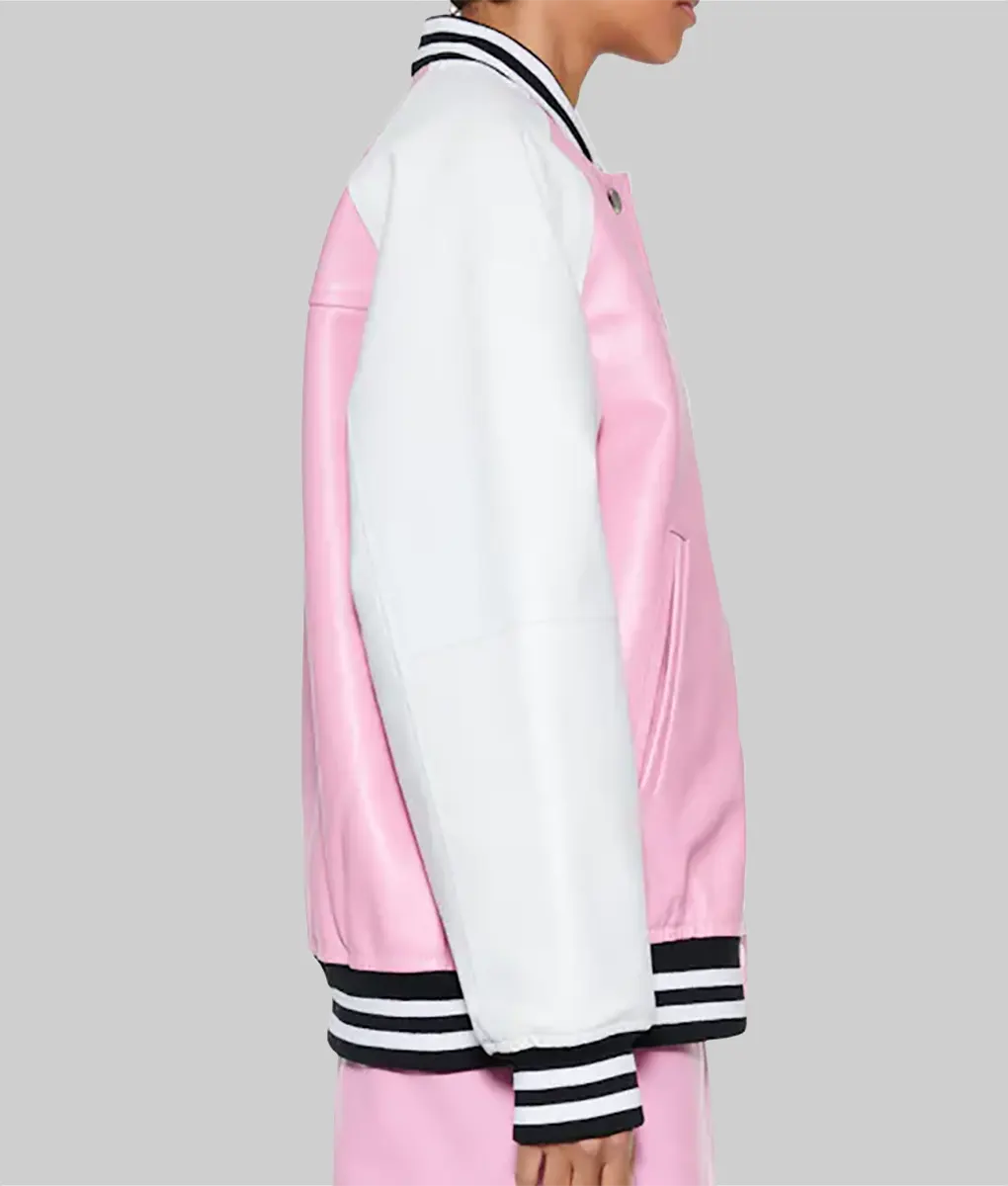 Lush Gear women’s pink leather varsity jacket with white sleeves and striped collar and cuffs