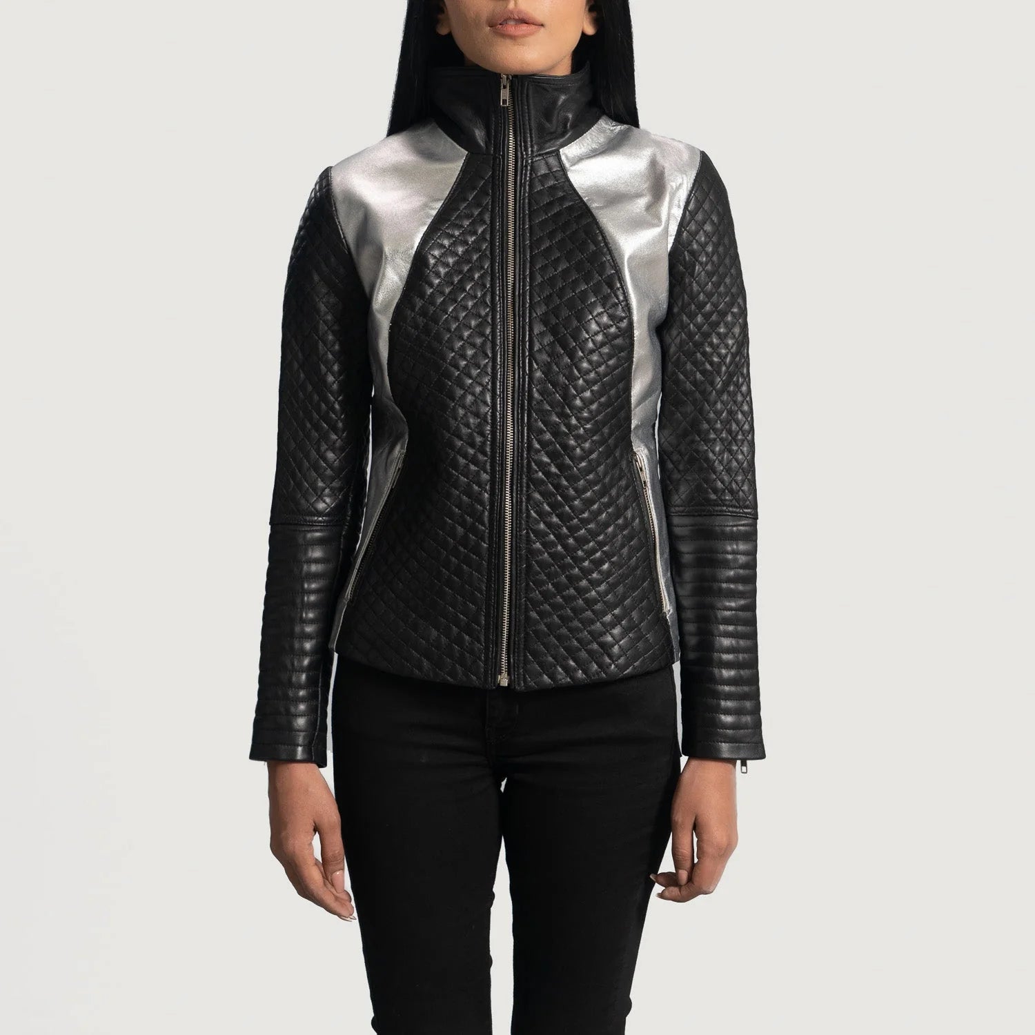 Lush Gear women's quilted leather moto jacket in black with silver accents and front zipper