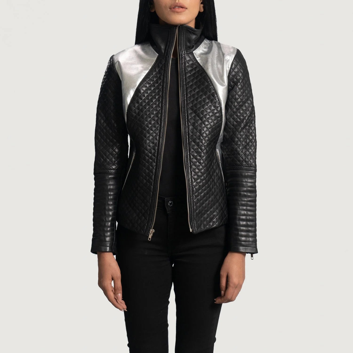 Lush Gear women's quilted leather moto jacket with silver shoulder panels and front zipper