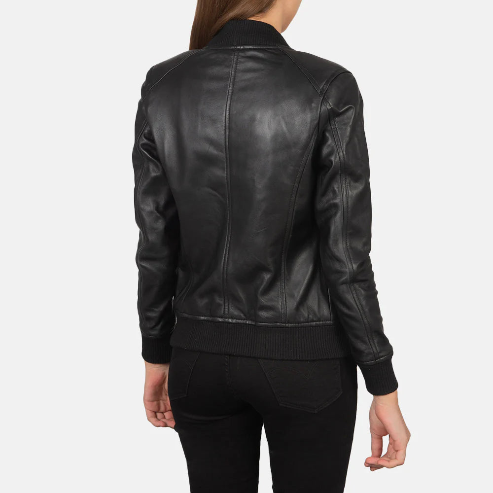 Back view of women's stylish leather bomber jacket in black with ribbed cuffs and waistband by Lush Gear