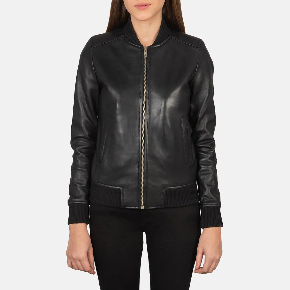 Lush Gear women's stylish leather bomber in black with front zipper and ribbed cuffs