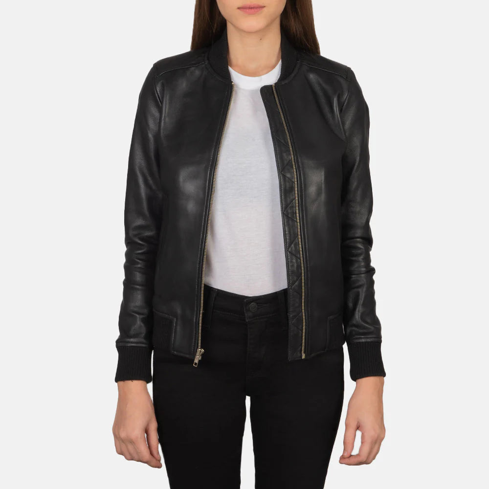 Lush Gear women's stylish leather bomber jacket in black with zip-up front and ribbed cuffs