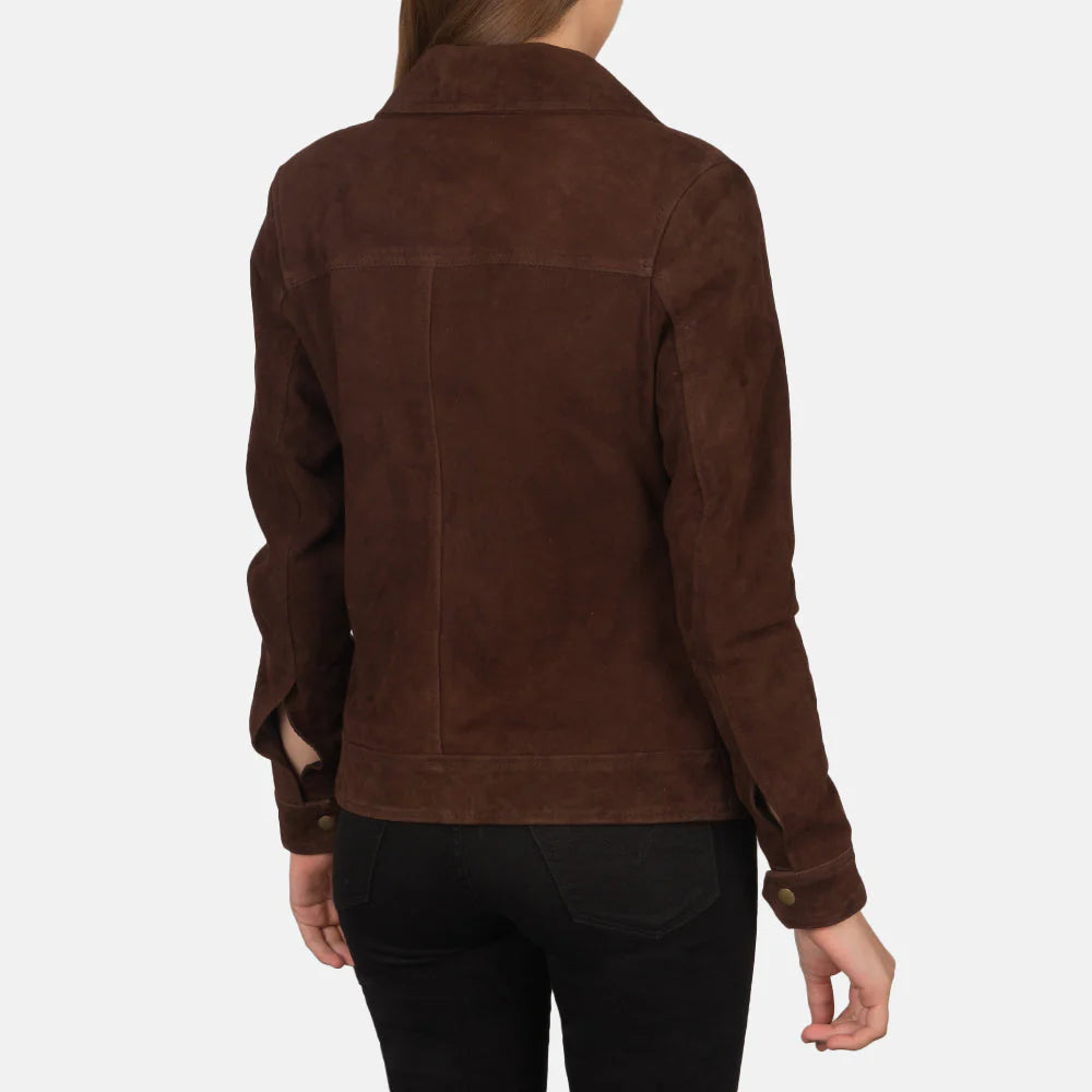 Back view of woman wearing women's suede brown jacket by Lush Gear with long sleeves and buttoned cuffs