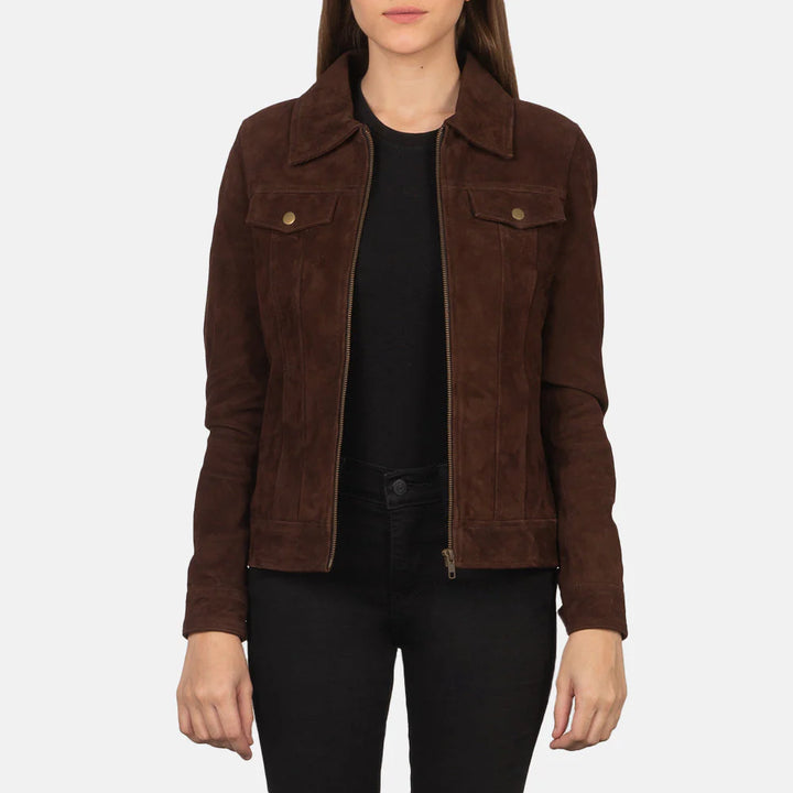 Lush Gear women's suede brown jacket with front zipper and flap pockets worn by model
