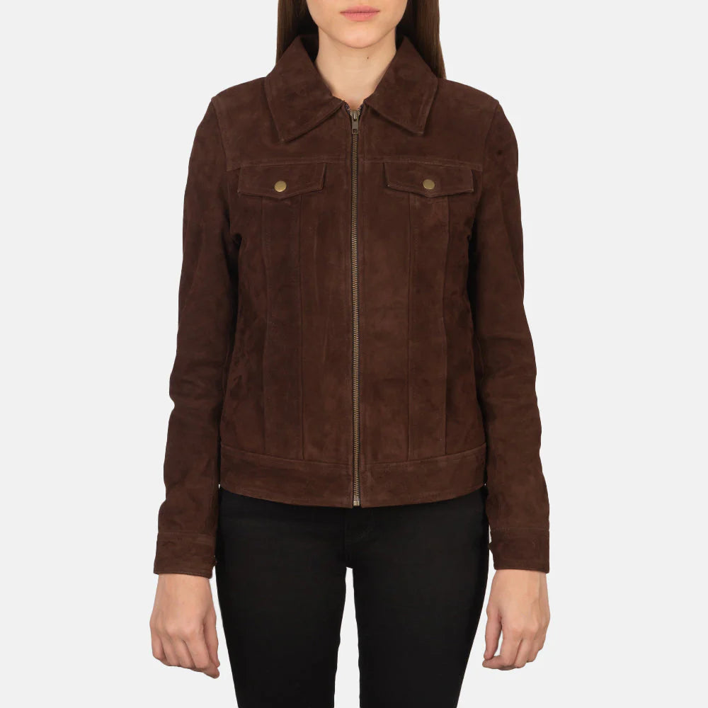 Lush Gear women's suede brown jacket with front zipper and button flap pockets