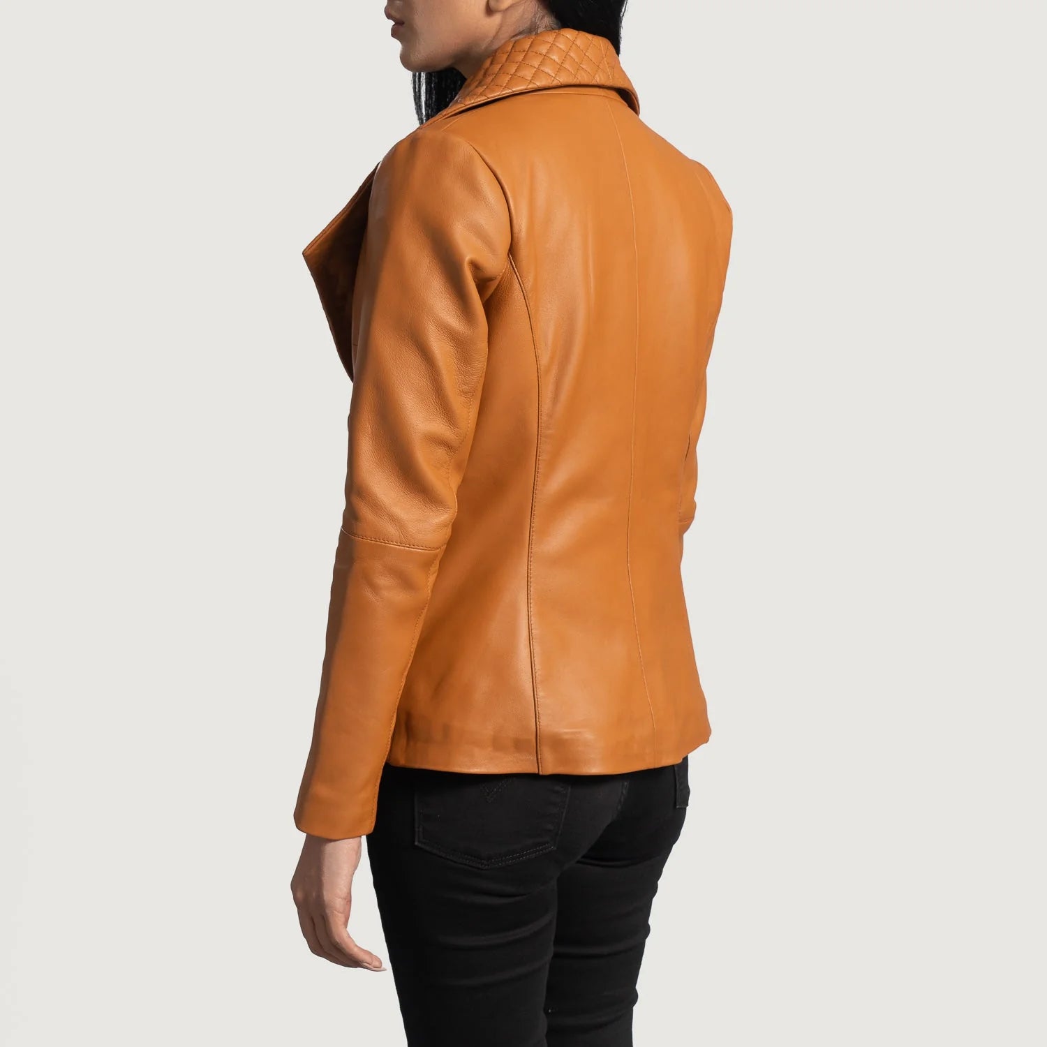 Lush Gear women's tan leather blazer shown from the back with quilted collar detail
