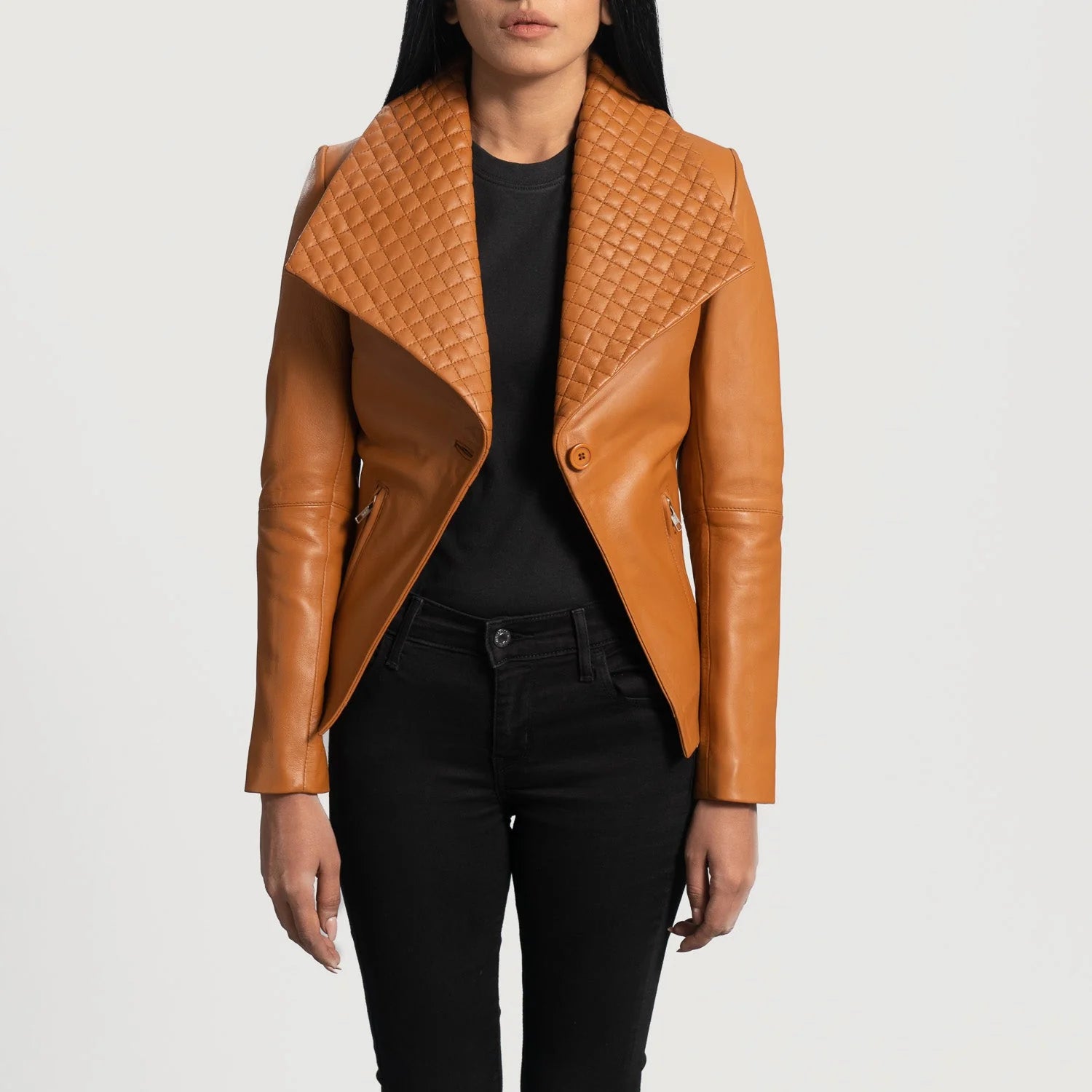 Lush Gear women's tan leather blazer with quilted wide lapel and single button closure