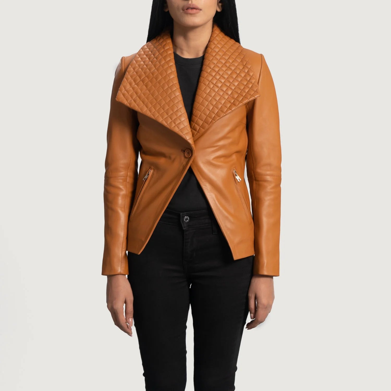 Lush Gear women's tan leather blazer with quilted wide collar and front zipper pockets