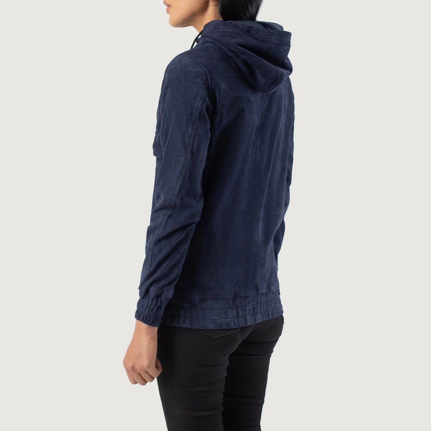 Back view of Zest Blue Hooded Suede Pullover Jacket by Lush Gear worn with black pants