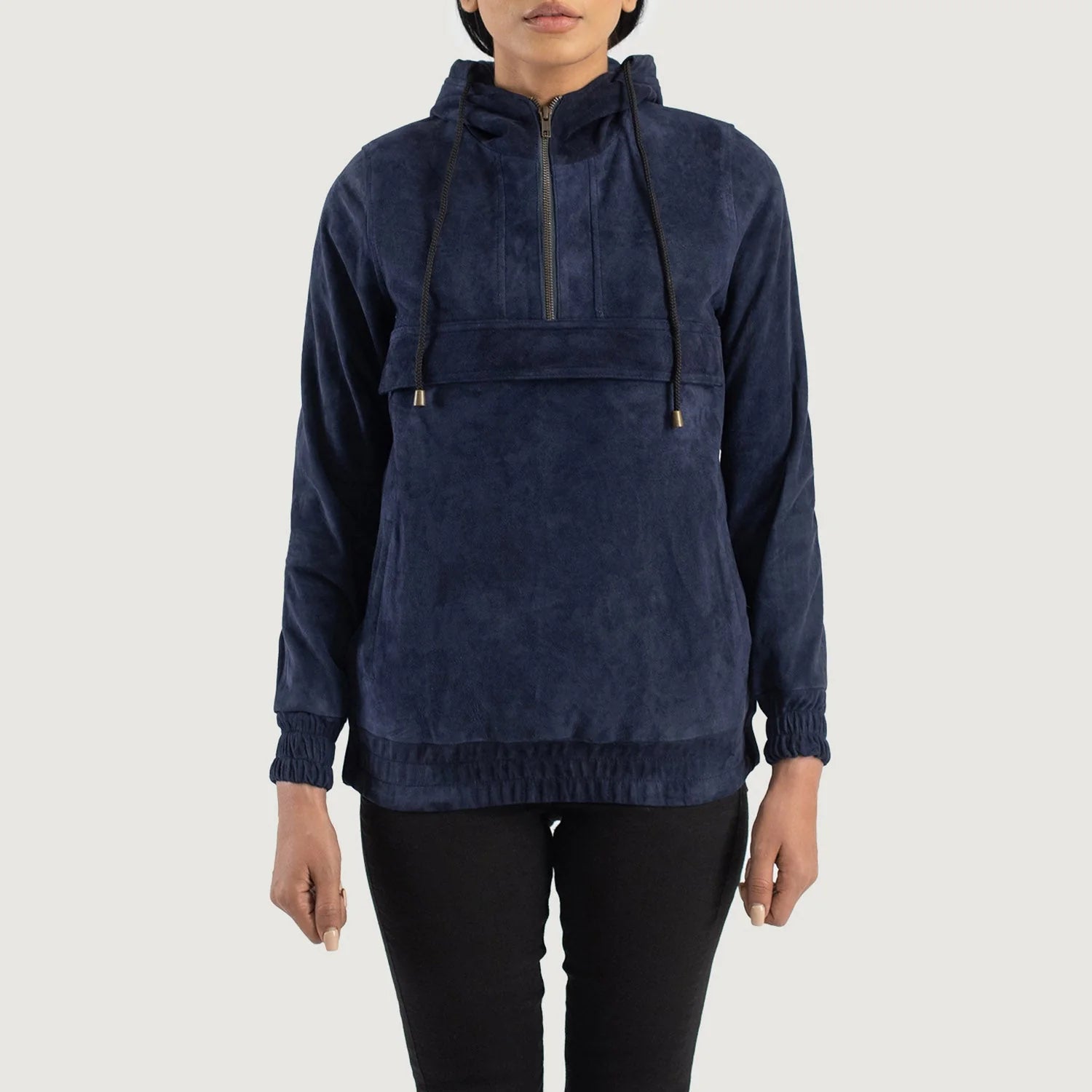 Lush Wear Zest Blue Hooded Suede Pullover Jacket with front zipper and drawstring hood