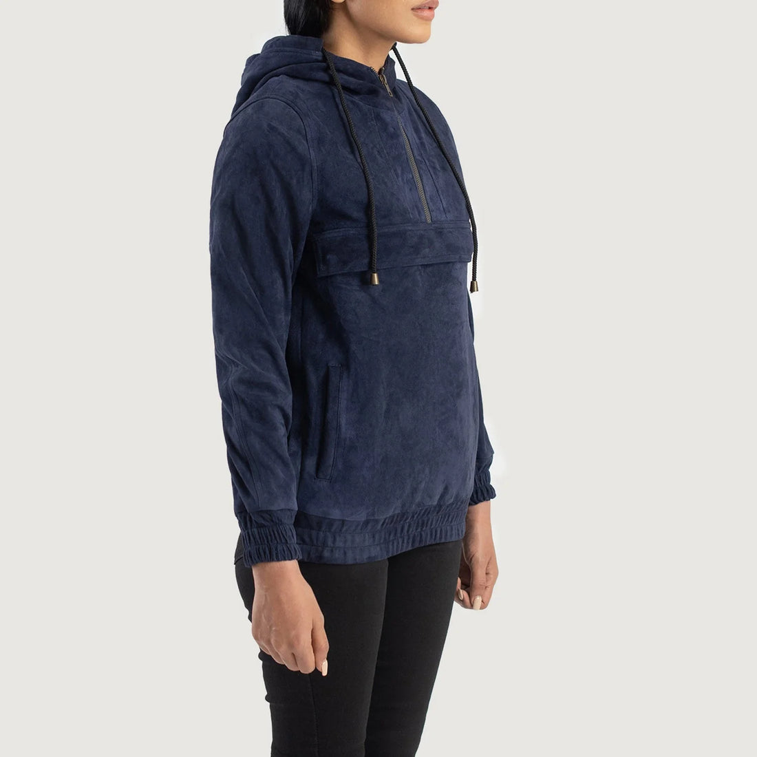 Lush Gear Zest Blue Hooded Suede Pullover Jacket worn by model in side view with black pants